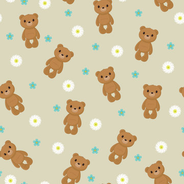 Seamless wallpaper with cute teddy bear on floral background