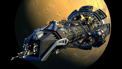 Fototapeta premium 3d rendering of a spaceship flying next to Mars, for futuristic deep space travel, scientific research or science fiction backgrounds. 