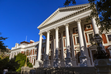 Republic of South Africa. Cape Town (Kaapstad). Facade of parliament building in a Neoclassical design, Cape Dutch architecture
