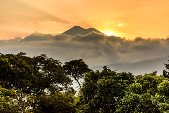 Sunset over volcanoes, Antigua, Guatemala, Central America