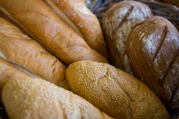 Close-up of various breads in basket