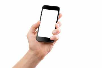 Mockup of male hand holding cellphone isolated at white background