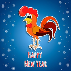 Fototapeta na wymiar Cock. Happy New Year. Logo for rooster Chinese calendar. Holiday greeting with snowflake background. 