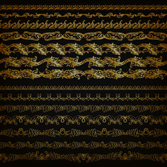 Set of horizontal golden lace pattern, decorative elements, borders for design. Seamless hand-drawn floral ornament on black background. Page, web site decoration. Vector illustration EPS 10.