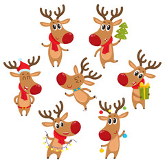 Cute and funny Christmas reindeers, cartoon vector illustration isolated on white background. Rudolf reindeer with Christmas tree, gifts and garland, ice skating, having fun, decoration elements © sabelskaya