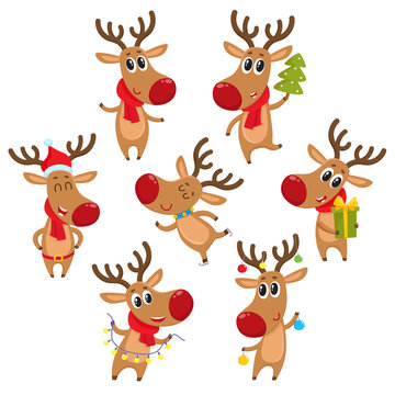 Cute and funny Christmas reindeers, cartoon vector illustration isolated on white background. Rudolf reindeer with Christmas tree, gifts and garland, ice skating, having fun, decoration elements
