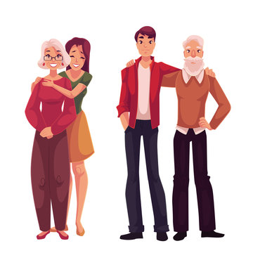 Grandchildren hugging their grandparents, cartoon vector illustration isolated on white background. Full length portrait of young man hugging granddad and girl embracing grandma
