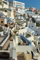 Panoramic view to town of Fira, Santorini island, Thira, Cyclades, Greece