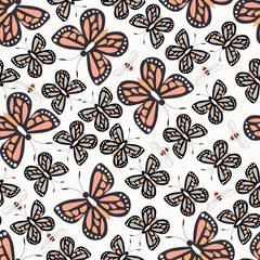 Seamless pattern with colorful butterflies and bees, nature life