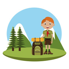 Obraz na płótnie Canvas little scout character with travel bag icon vector illustration design