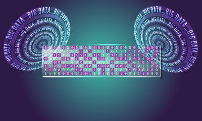 Two abstract circles with binary code and glass panel with the w