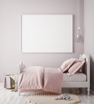 mock up poster frame in baby girl room, scandinavian style interior background, 3D render, 3D illustration