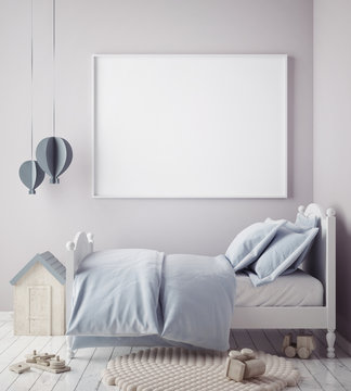 mock up poster frame in baby boy room, scandinavian style interior background, 3D render, 3D illustration