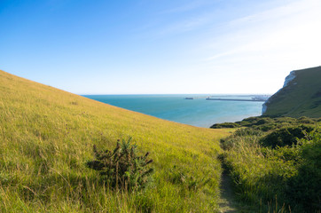 Green hill with a view of the sea and harbour at the White Cliffs of Dover