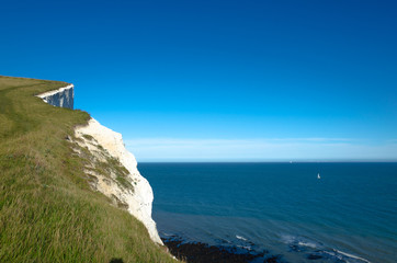 Ship sails in the distance from the White Cliffs of Dover