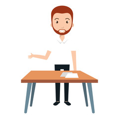 young man teacher character with table vector illustration design