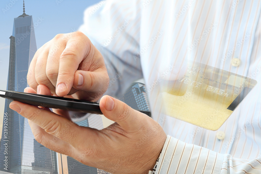 Poster close up of man using smartphone on urban background