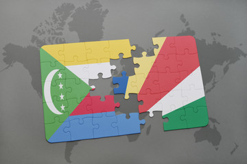 puzzle with the national flag of comoros and seychelles on a world map