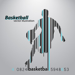 Silhouette of a basketball player and barcode.