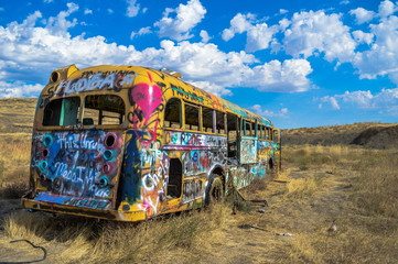 Back of deserted graffiti school bus.