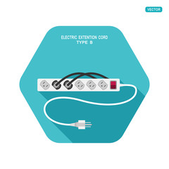 Vector hexagon icon with shadow of modern electric extension cord type B with shadow on the turquoise background.