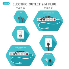 Vector set of hexagon isolated icons outlet and plug types B and F on the turquoise background.