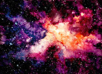 Fototapeta na wymiar Watercolor Background with Outer Space and Nebula