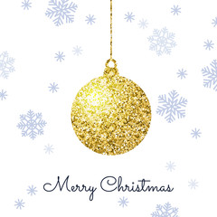 Merry Christmas background with gold hanging bauble and blue sno