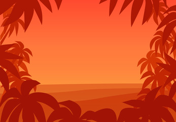 Fototapeta na wymiar Tropical palm background. Sunset on summer beach. Summer tropical palm tree leaves vector border. Tropical beach summer print. Summer poster