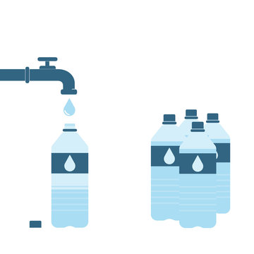 Pouring Water From Tap Faucet Into Plastic Bottle. Bottle Supply With Water. Set Of Plastic Bottles. Vector Illustration