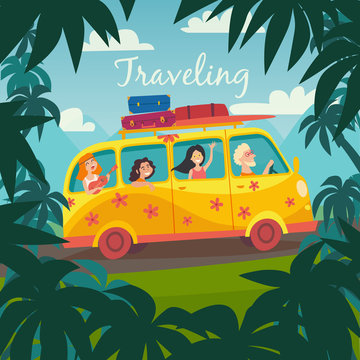 Summer trip vector illustration. Surfing bus on palm beach. Happy people on summer holidays. Microbus with surfers. Palm background on road trip. Tourism concept, cartoon character hippie