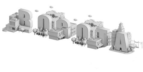 3d render of a mini city, typography 3d of the name bogota