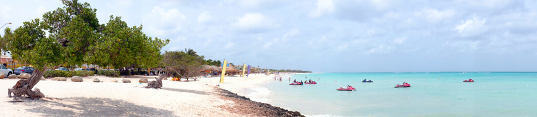 Panorama from eagle beach on Aruba island in the Caribbean sea - obrazy, fototapety, plakaty