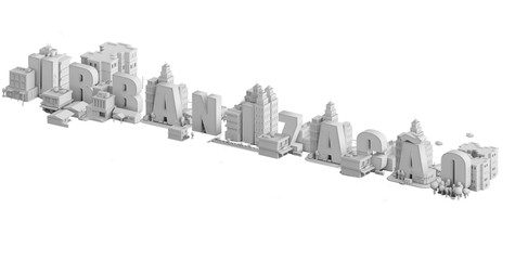 3d render of a mini city, typography 3d of the name urbanizacao