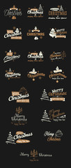 Merry Christmas and Happy New Year signs vector set on a dark background