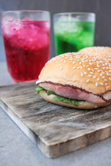 Hamburger with soft drinks