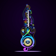 Musical instruments collage for rock, jazz, blues, lounge, electronic, live.