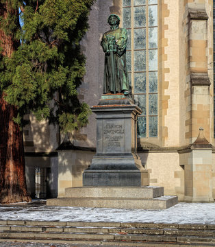 Statue of Ulrich Zwingli at the Water Church in Zurich, Swizterland