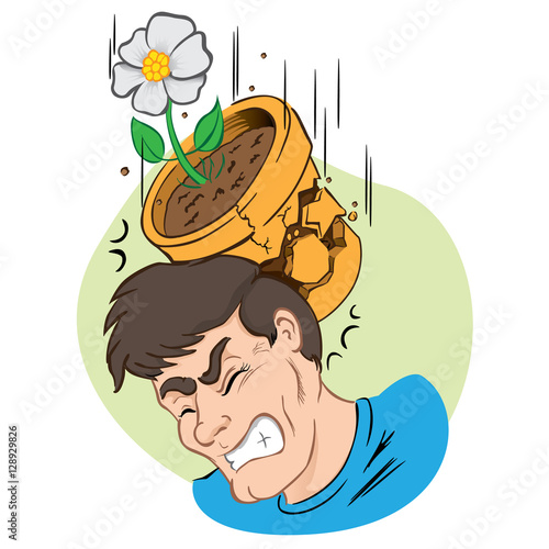 "Illustration person hit by vase falling and broken. Ideal for