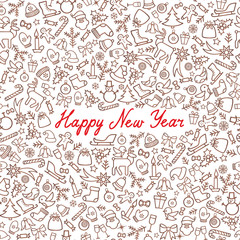 Christmas Icons Seamless Pattern. Happy Winter Holiday Wallpaper Greeting card, handwritten lettering Happy New Year