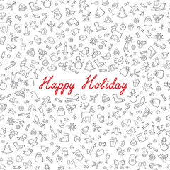 Christmas Icons Seamless Pattern. Happy Winter Holiday Wallpaper Greeting card, handwritten lettering Happy Holyday