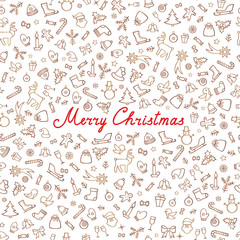 Merry Christmas Greeting Card. Happy Winter Holiday Icons Seamless Pattern.