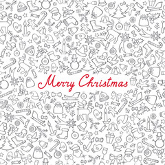 Merry Christmas Greeting Card. Happy Winter Holiday Icons Seamless Pattern.