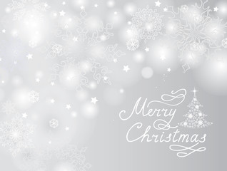 Christmas Holiday background with Snowflakes, Christmas tree, Handwritten lettering Merry Christmas