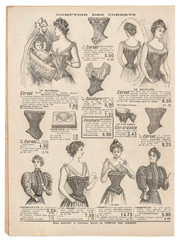 Fototapeta na wymiar Vintage corset Antique engraved picture fashion shopping Paris
