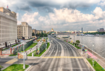 Aerial view over Moskva River from Pushkinsky Pedestrian Bridge,