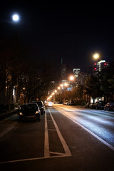Dark City Street at Night with Moon