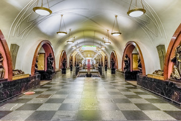 Interior of Ploshchad Revolyutsii subway station in Moscow, Russ