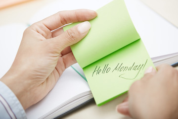 Hello Monday text on adhesive note