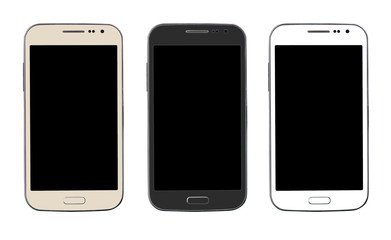 Modern smart phone in three color isolated on white